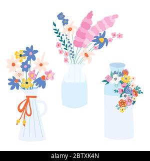 Illustrazione del vettore del set vaso fiore. Vasi isolati con fiori primaverili ed estivi. USA icone clipart per l'arredamento delle carte, inviti estivi Illustrazione Vettoriale