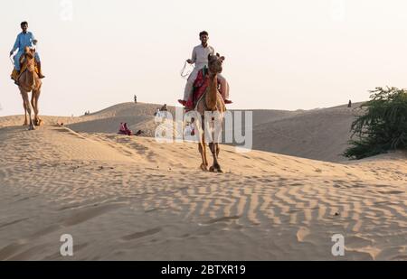 Un cammelliere (autista del cammello) che porta il cammello decorato mentre parla sui loro cellulari sulle dune di sabbia di sam del deserto di Thar con i turisti durante il tramonto Foto Stock