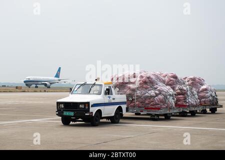 (200528) -- CHANGSHA, 28 maggio 2020 (Xinhua) -- UN trattore trasporta i pacchi dalle imprese transfrontaliere di commercio elettronico al piazzale di parcheggio presso l'aeroporto internazionale Changsha Huanghua di Changsha, provincia di Hunan, 28 maggio 2020. Un aereo che trasportava quasi 40,000 pacchi dalle imprese transfrontaliere di e-commerce partì da Changsha a Mosca, Russia, giovedì. Questo è stato il primo volo della normale rotta aerea per il trasporto merci sul commercio elettronico transfrontaliero verso la Russia, il che significa il funzionamento di tale rotta in Hunan. Operato tre volte alla settimana, il percorso servirà da d Foto Stock