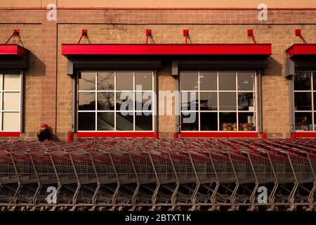 Carrelli per lo shopping all'esterno del negozio all'ingrosso Costco a Brooklyn, New York Foto Stock