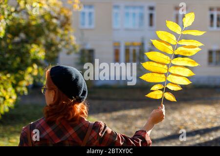 Rosso femmina in camice di plaid, berta nera cammina attraverso il parco, tenendo secco giallo foglia caduto in giornata di sole, vista posteriore. Umore autunnale, concetto di fogliame Foto Stock