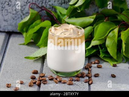 Caffè e chicchi di caffè Dalgona su fondo grigio in cemento con ramo verde. Foto Stock