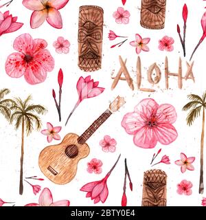 Simboli hawaiani - Luau, Aloha, Tiki, Ukulele, Plumeria, albero di palma hibiscus senza cuciture motivo Illustrazione acquerello Foto Stock