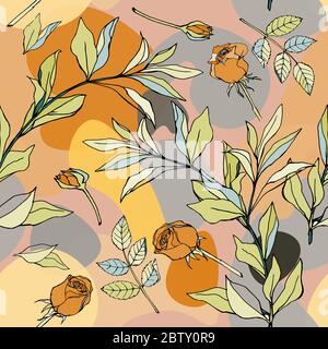 Rose arancioni con foglie su sfondo tenero. Modello vettoriale senza giunture. Fiori di giardino illustrazione. Delicati colori pastello. EPS10 Foto Stock