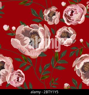 Grandi boccioli rosa beige e fiori di peonie circondati da foglie verdi su sfondo rosso. Motivo floreale senza cuciture. Illustrazione vettoriale con piante. Foto Stock