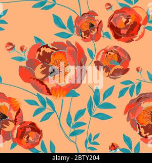 Grandi boccioli rossi e fiori di peonie circondati da foglie turchesi blu su sfondo di pesca. Motivo floreale senza cuciture. Illustrazione vettoriale con piante Foto Stock
