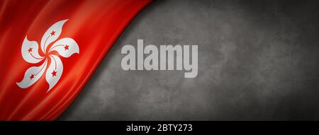 Bandiera di Hong Kong su muro di cemento. Banner panoramico orizzontale. Illustrazione 3D Foto Stock