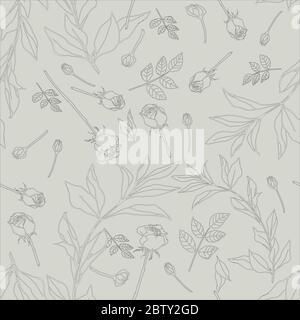 Silhouette rose con foglie su sfondo beige-grigio. Modello vettoriale senza giunture. Fiori di giardino illustrazione. Delicati colori pastello. EPS10 Foto Stock