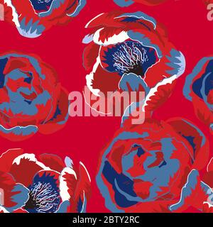 Grandi rose e peonie su sfondo rosso. Modello vettoriale senza giunture. Design moderno per tessuti e carta da parati. Foto Stock