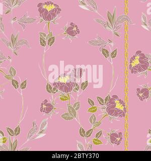 Delicati ramoscelli di rose selvatiche con infiorescenze, foglie, petali e catene d'oro disposte verticalmente su sfondo rosa. Motivo floreale senza cuciture. Ve Foto Stock