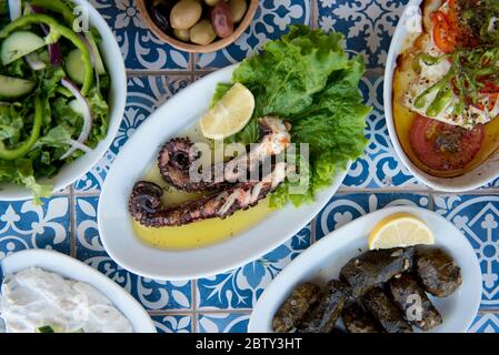 Polpo e altri piatti greci, Ialyssos Beach, Rodi, Dodecanese, Isole greche, Grecia, Europa Foto Stock