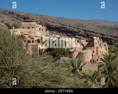 Le palme da dattero circondano il vecchio villaggio di al Misfah, Sultanato dell'Oman, Medio Oriente Foto Stock