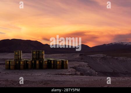 Rendering 3D di una pila di barili con materiale radioattivo abbandonato nel deserto. Foto Stock