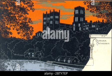 Cartolina della cattedrale di Durham in silhouette al tramonto intorno al 1904