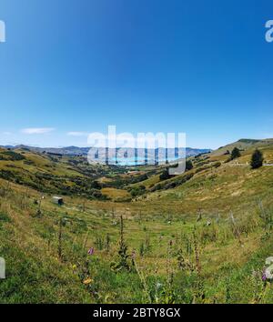 Banks Peninsula, Christchurch District, Canterbury, Isola del Sud, Nuova Zelanda. Banks Peninsula si affaccia sulla penisola di Onawe, Barrys e Duvauchelle Bay Foto Stock