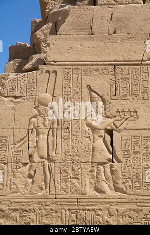 Muro di rilievi, Tempio di Osiride e OPET, complesso del Tempio di Karnak, Sito Patrimonio dell'Umanità dell'UNESCO, Luxor, Egitto Foto Stock