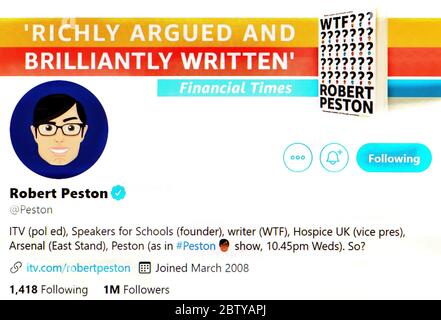 Pagina Twitter (Maggio 2020) Robert Peston - ITV News Political Editor e presentatore Foto Stock