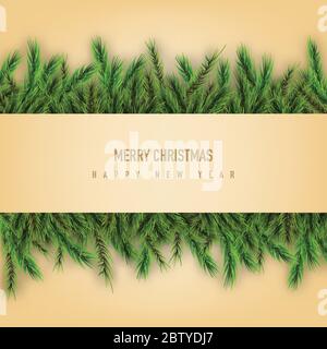 Buon Natale decorativo bordo con rami di pino. Banner retrò di sfondo, poster, biglietti d'auguri, sito web Illustrazione Vettoriale