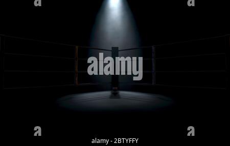 Un closeup drammatico di un angolo poco illuminato di un anello di boxe circondato da corde su uno sfondo scuro isolato - rendering 3D Foto Stock