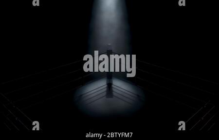 Un closeup drammatico di un angolo poco illuminato di un anello di boxe circondato da corde su uno sfondo scuro isolato - rendering 3D Foto Stock