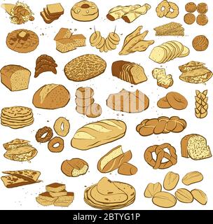 Grande collezione di pane estratto a mano isolato su sfondo bianco con diversi tipi di pane europeo e americano. Oggetti da forno illustrazione vettoriale i Illustrazione Vettoriale