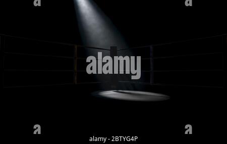Un closeup drammatico di un angolo poco illuminato di un anello di boxe circondato da corde su uno sfondo scuro isolato - rendering 3D Foto Stock