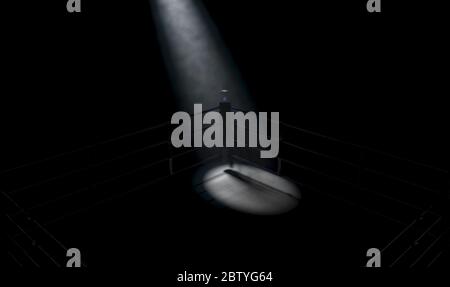 Un closeup drammatico di un angolo poco illuminato di un anello di boxe circondato da corde su uno sfondo scuro isolato - rendering 3D Foto Stock
