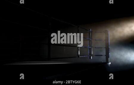 Un closeup drammatico di un angolo poco illuminato di un anello di boxe circondato da corde su uno sfondo scuro isolato - rendering 3D Foto Stock