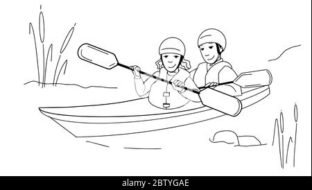 Coppia uomo e donna kayak sul lago o fiume Dodle schizzo stile. Illustrazione vettoriale Illustrazione Vettoriale