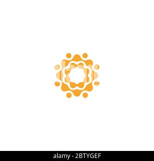 Modello logo dei cerchi di connessione, icona arancione astratta del sole. Emblema piatto minimale a puntini. Progettazione di logotipi concettuali per aziende e startup. Illustrazione Vettoriale