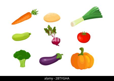 Icone di verdure vettoriali impostate in stile cartoon. Illustrazione Vettoriale