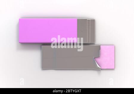 Confezione di gommosa a bolle d'aria non di marca con involucro rosa e quattro bastoncini di gomma che sporgono - rendering 3D Foto Stock