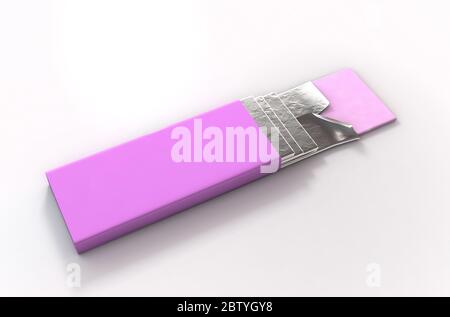 Confezione di gommosa a bolle d'aria non di marca con involucro rosa e quattro bastoncini di gomma che sporgono - rendering 3D Foto Stock