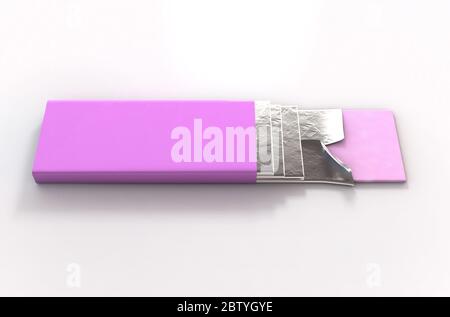 Confezione di gommosa a bolle d'aria non di marca con involucro rosa e quattro bastoncini di gomma che sporgono - rendering 3D Foto Stock