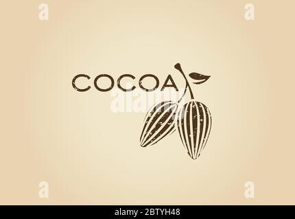 Cialde di cacao intere, logo di alberi di frutta. Logotipo retrò di nibs e fagioli di cacao. Icona di cacao crudo, arrosto e grattugiato. Cioccolato, dessert ingrediente vettore Illustrazione Vettoriale