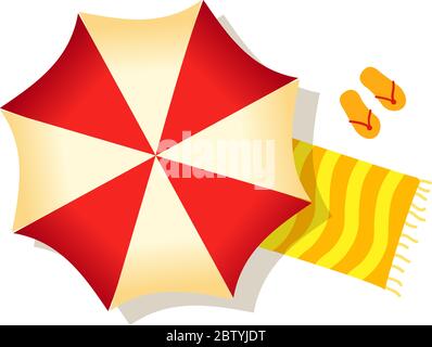 modello vettoriale di sfondo per vacanze estive in spiaggia. Ombrellone rosso, asciugamano e pantofole isolati su sfondo bianco. Illustrazione Vettoriale