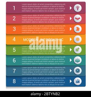 Infografiche da strisce colorate. Infografiche moderne 8 opzioni per banner, processi aziendali, flusso di lavoro, diagramma, diagrammi di flusso Illustrazione Vettoriale