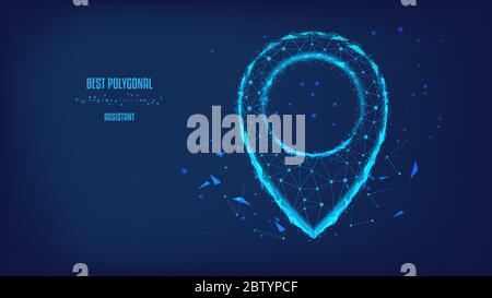 Concetto di navigazione, consegna, trasporto, posizione della mappa, logistica dei trasporti di successo. Puntatore mappa poligonale o pin GPS da triangoli e luminou Illustrazione Vettoriale