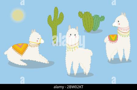 Set di simpatici lamine e cactus in piedi e mentire su sfondo blu. Illustrazione vettoriale in stile cartoon Illustrazione Vettoriale