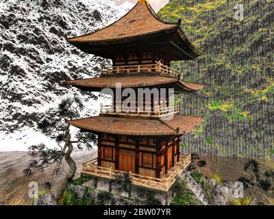 Sun temple - santuario buddista in Himalaya rendering 3D Foto Stock