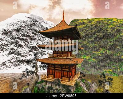 Sun temple - santuario buddista in Himalaya rendering 3D Foto Stock