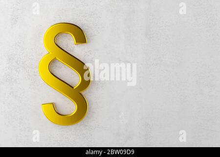 Simbolo di sezione in metallo dorato su sfondo in calcestruzzo, legge, giustizia o concetto legale con spazio di copia piano vista dall'alto, illustrazione 3D Foto Stock