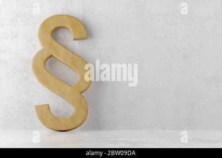 Cartello in legno marrone su sfondo di una stanza in cemento con pavimento lucido, legge, giustizia o concetto legale con spazio di copia, illustrazione 3D Foto Stock