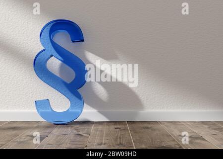 Cartello in vetro blu sullo sfondo della stanza con pavimento in legno, legge, giustizia o concetto legale con spazio di copia, illustrazione 3D Foto Stock