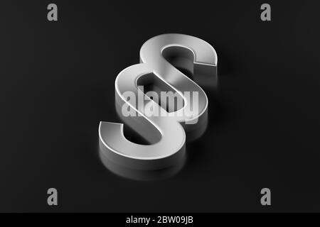 Simbolo in argento metallico su sfondo grigio scuro, legge, giustizia o concetto legale, illustrazione 3D Foto Stock