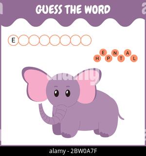 Modello di gioco scramble per parole di ortografia. Gioco educativo per bambini di età prescolare con elefante. Illustrazione Vettoriale