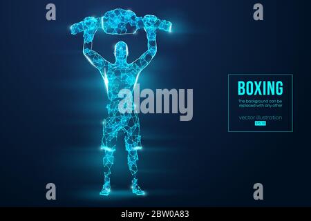Silhouette astratta di un pugile a reticolo con guanti da boxe su sfondo blu. Boxer è vincitore. Vettore Illustrazione Vettoriale