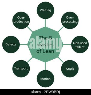 Gli otto rifiuti sulla metodologia Lean processo cerchio e dati sugli schemi esagonali. Attesa, sovrapproduzione, scorte, movimento, trasporto, difetti. Gree Illustrazione Vettoriale