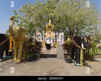 dh Promthep Capo Phra Prom Area PHUKET THAILANDIA Elefante statue Donna thailandese che prega presso il santuario indù Brahma preghiera induista locale cultura delle persone Foto Stock