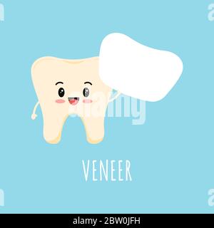 Cute emoji dente giallo con inserti dentali bianchi o lumineer. Illustrazione Vettoriale